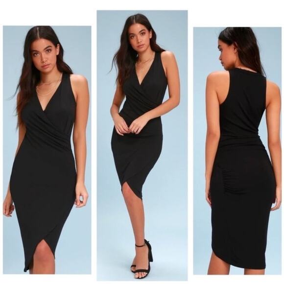 Lulu's Blue faux wrap tulip hem bodycon midi dress - Picture 1 of 11